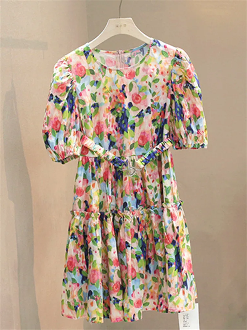 

Summer Cotton Feminine O-Neck Vintage Floral Print Long Skirts Half Sleeve Waistband Loose Mid-Calf Lotus leaf Edge Vestidos