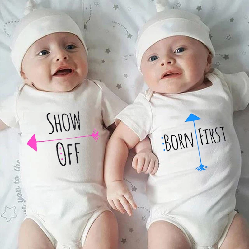 

Baby Twins Clothes Cotton Baby Boys Bodysuit Baby Girl Clothes Show Off Born First Print Unisex Summer Newborn Baby Shower Gifts