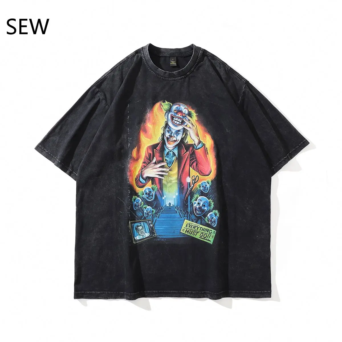

Spring And Summer 2023 New High Street Evil Clown Cartoon Print Short Sleeve T-Shirt Men Hip-Hop Loose Top