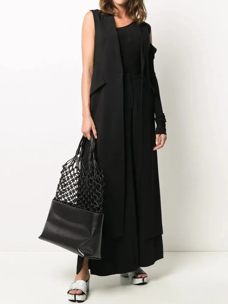 

British Style Summer Waistcoat For Women's One Button Slim Split Turn Down Collar Slim Long Vest Coat Black All-match Overcoat