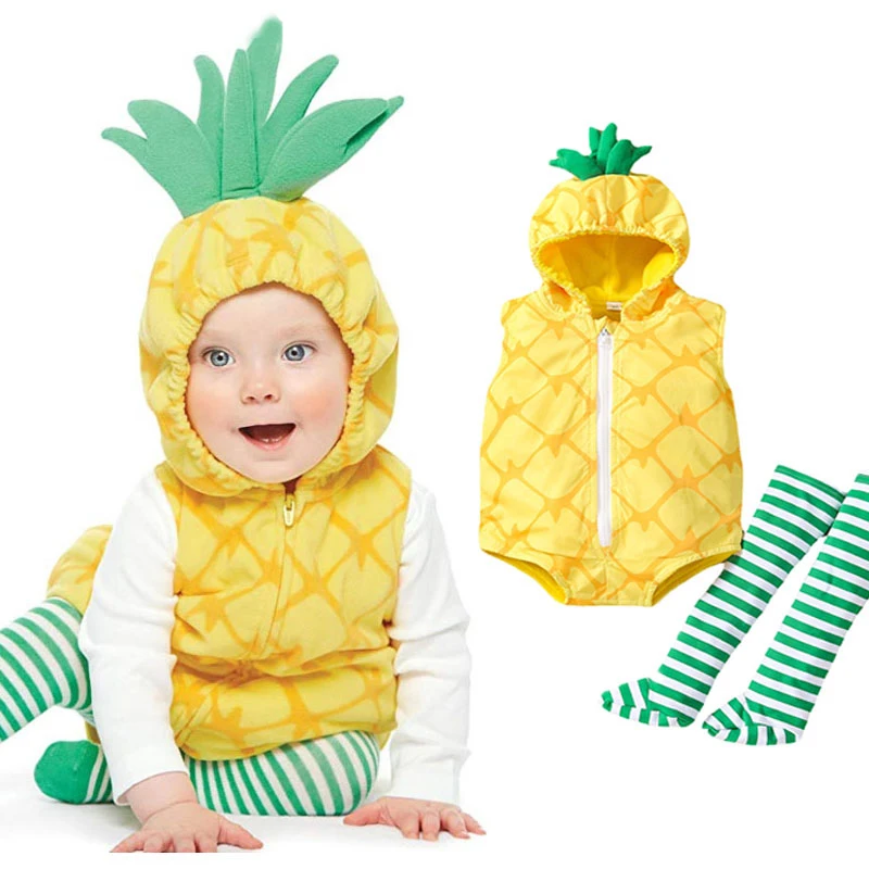 0-24M Baby Girls Boys Pineapple Costume Infant Toddler Bodysuit Short Romper Hoodie Purim Halloween Fancy Dress with Stockings