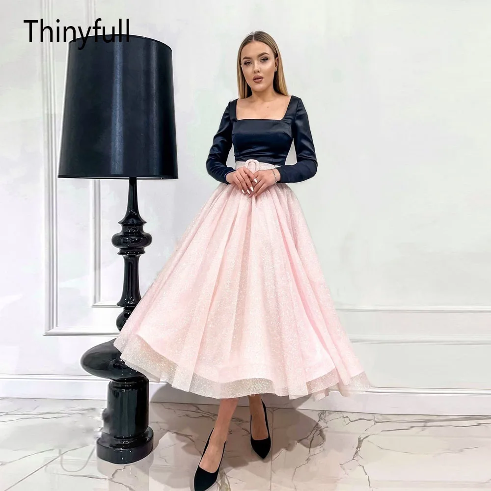 

Женское вечернее платье Thinyfull, розовое элегантное платье с квадратным вырезом, длинным рукавом и бретельками сзади, блестящее вечернее плат...