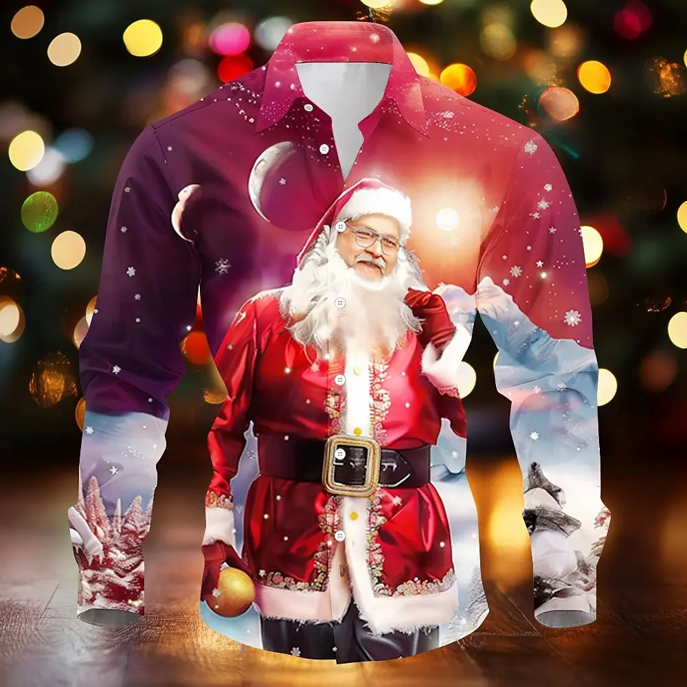 Fashionable 2024 Casual Christmas Shirt Party Santa Claus Pattern Soft Elastic Comfortable Family Set Men's Large New Product