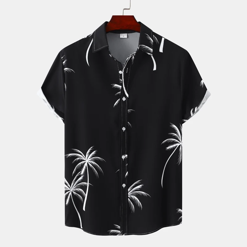 

Mens Coconut Tree Print Black Hawaiian Aloha Shirt Short Sleeve Tropical Beach Button Down Shirt Casual Holiday Party Clothing