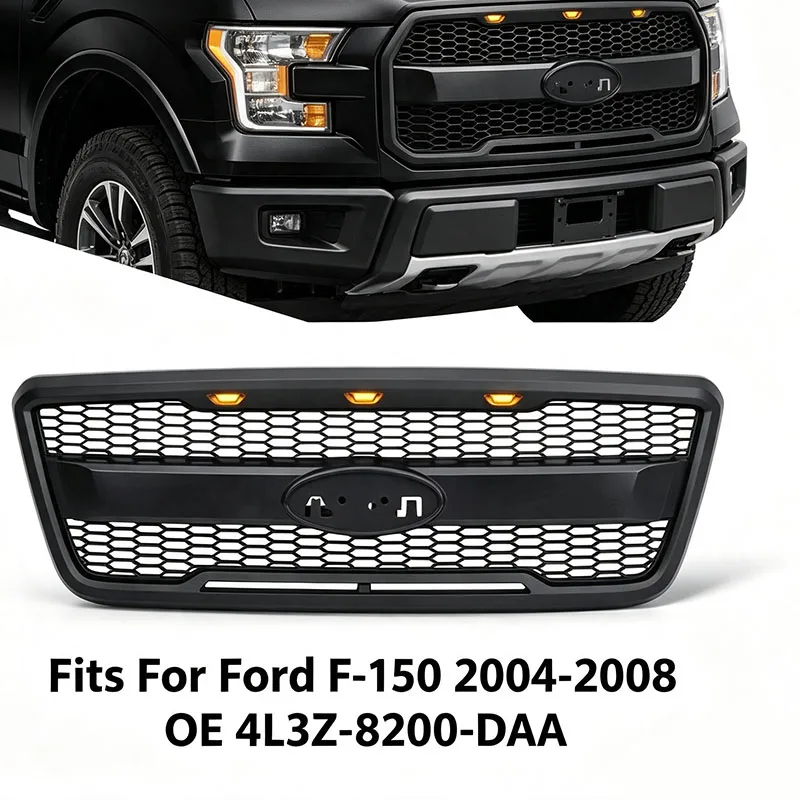 Фото Передняя решетка в стиле Raptor подходит для Ford F‑150 2004‑2008 годов выпуска, сетчатая решетка с LED-дневными ходовыми огнями и янтарными габаритными огнями, оригинальный номер 4L3Z‑8200‑DAA. №3