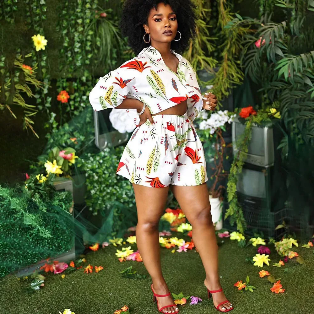 

Summer Fashion Women 2 Pieces Set Sexy Sets 2022 Female Floral Print Short Sleeve Shirt Tops And Elastic Waist Shorts Sets Woman