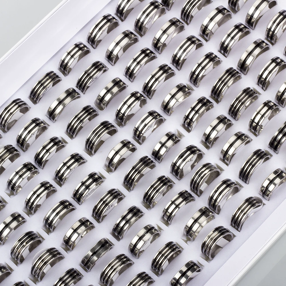 

50 Pcs/Lot Stainless Steel Stripe Rings for Men and Women Trendy Classic Mix Fashion Engagement Couple Jewelry Party Accessories