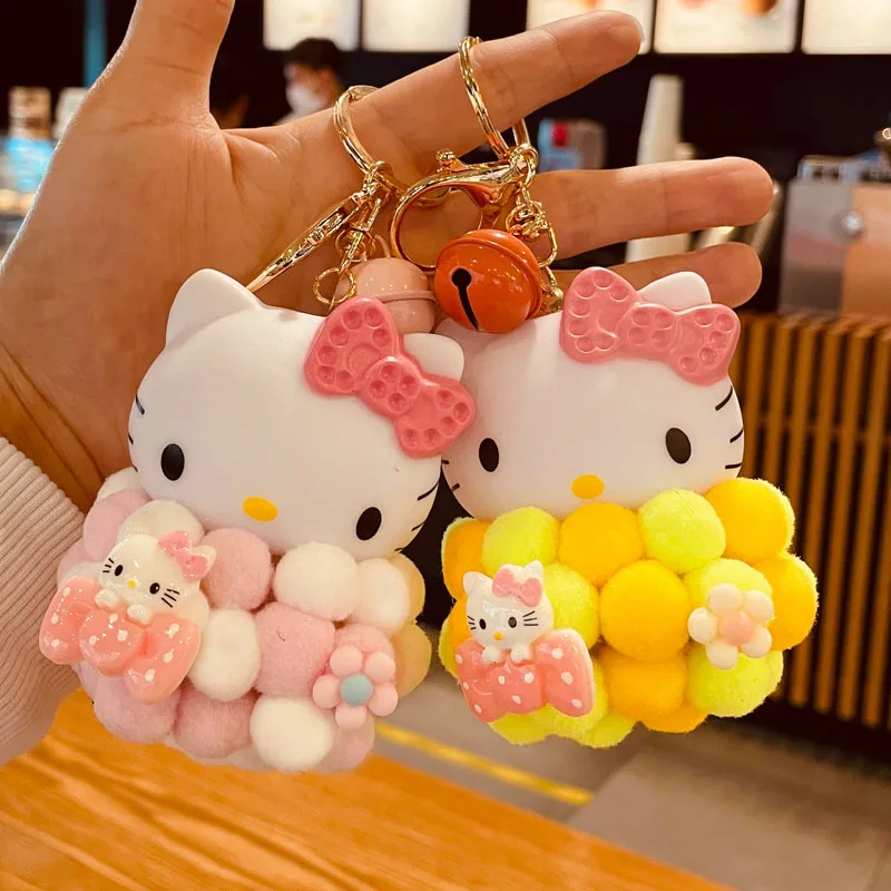 

Hello Kitty Keychain Cartoon Cute Plush Girl Backpack Pendant Kawaii Small Bell Car Key Accessories Children's Birthday Gift
