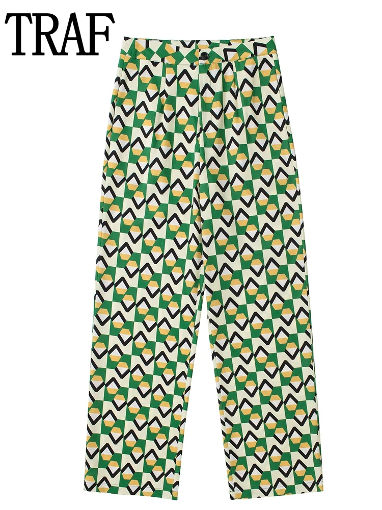 

TRAF 2022 Green Printed Pants For Women High Waist Pants Sets Casual Straight Leg Trouses Woman Vintage Baggy Pants Summer Suit