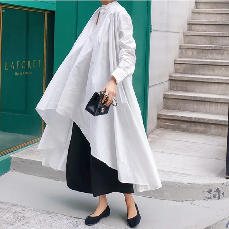 

SuperAen 2022 Spring Irregular Full Solid Shirts Short Front and Long Back STAND Casual Womens Tops