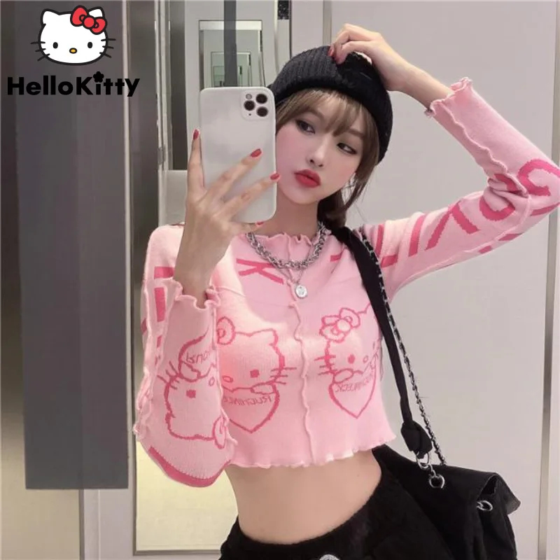 

Женский свитер с Hello Kitty Sanrio, розовый тонкий свитер Y2k, уличная одежда, милый приталенный трикотажный топ для девушек, летняя модная одежда с длинным рукавом