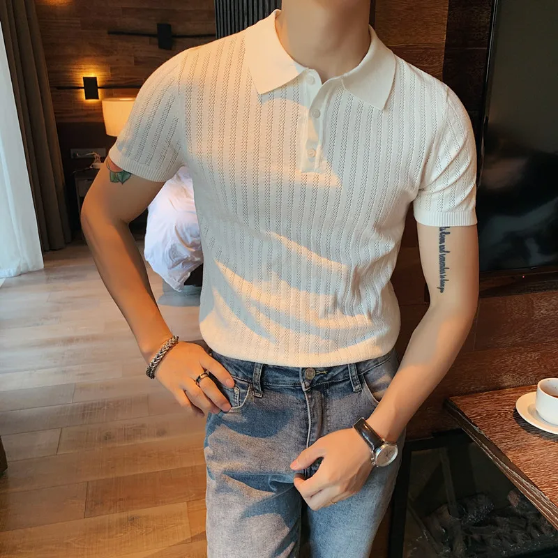 

Été Ice Silk polo chemise manches courtes rayures Business style Bureau social tricot t - shirt couleur unie polo shirt revers