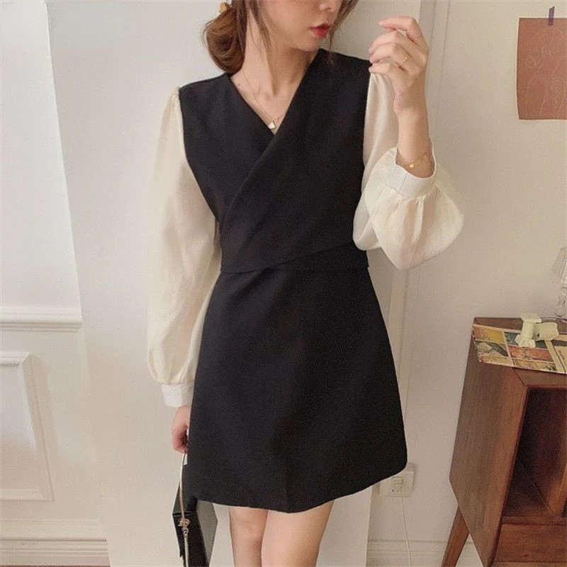 

Long-sleeved dress Women's V-neck splicing preppy style mini cinched waist fashion dress