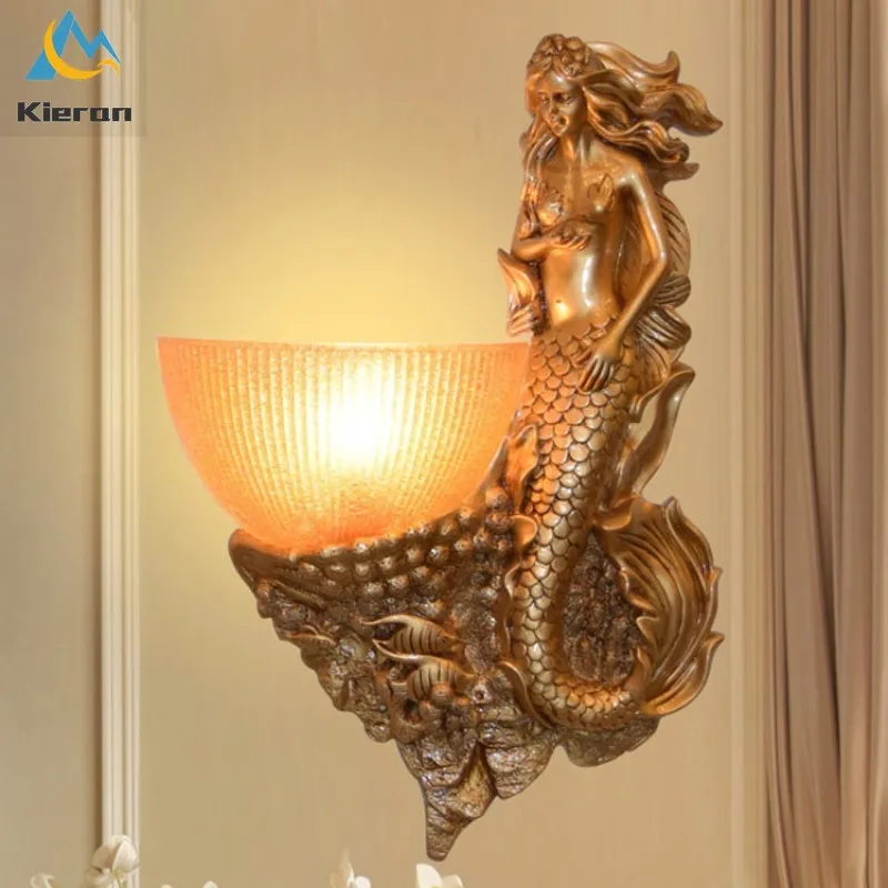 

Modern Simple Mermaid Led Wall Lamp Bedroom Dining KTV Hotel Bedside Wall Lights Living Room Decoration Resin Carving Wall Lamps