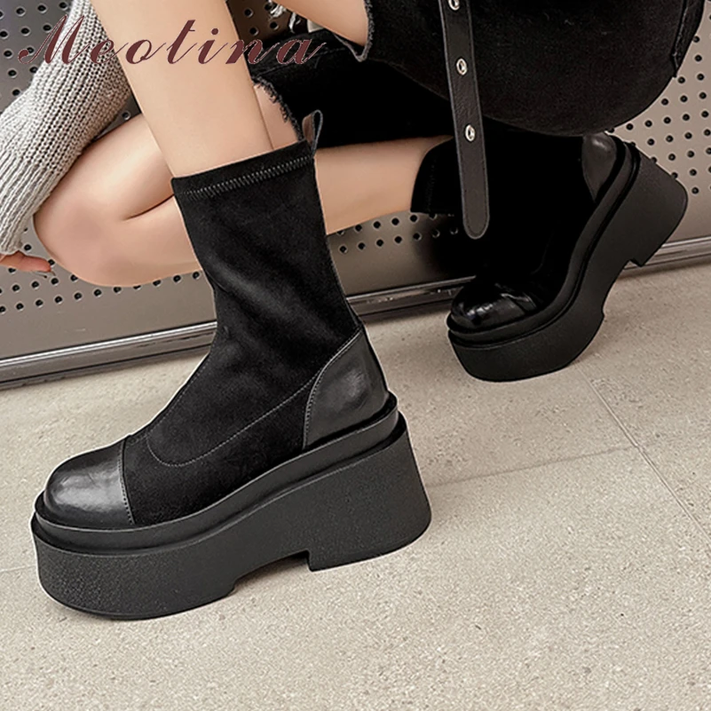 

Meotina Women Genuine Leather Ankle Boots Round Toe Flat Platform High Heel Platform Short Boot Lady Fashion Shoes Autumn Winter