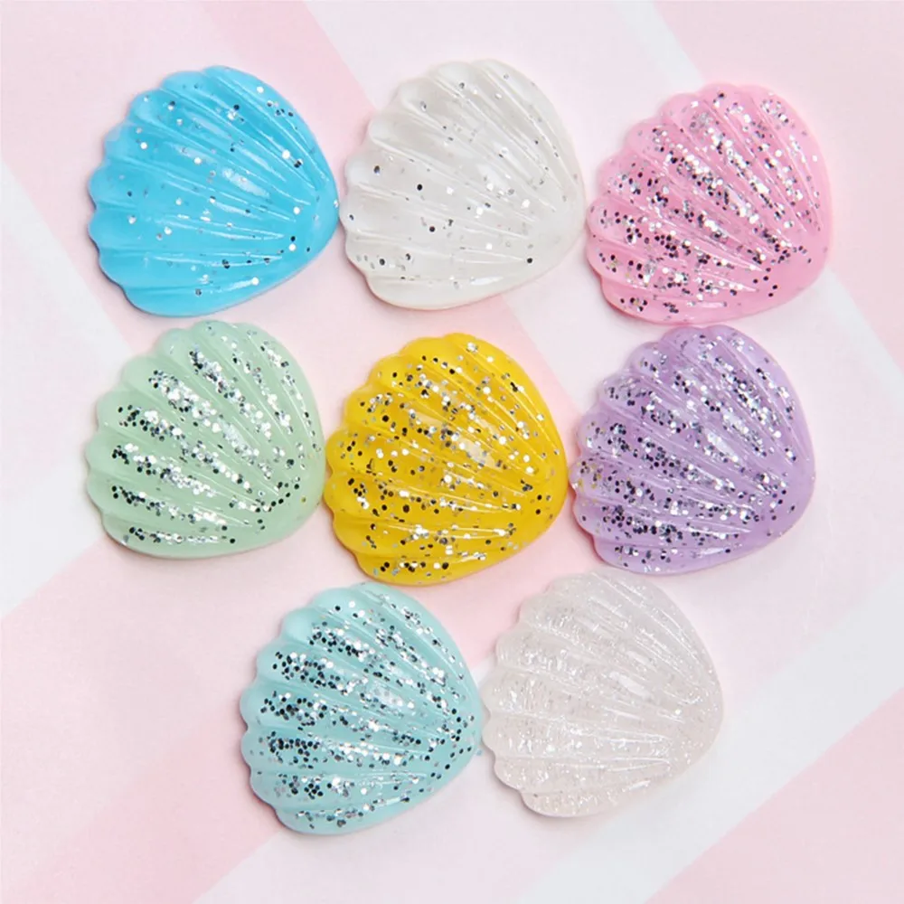20 Mixed Color Flatback Resin Glitter Crystal Shell Scallop Cabachons 20X18mm