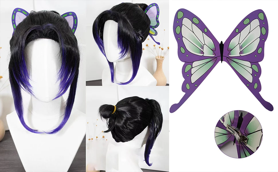 Peruca de Cosplay Shinobu com Presilhas de Borboleta Peruca de Cosplay de Demon Slayer com Rabo de Cavalo