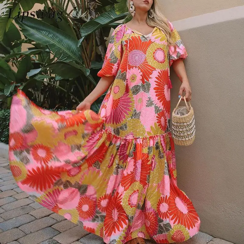 

Женское плиссированвечерние платье с цветочным принтом, длинное платье с V-образным вырезом и бахромой в стиле бохо, элегантное пляжное пла...