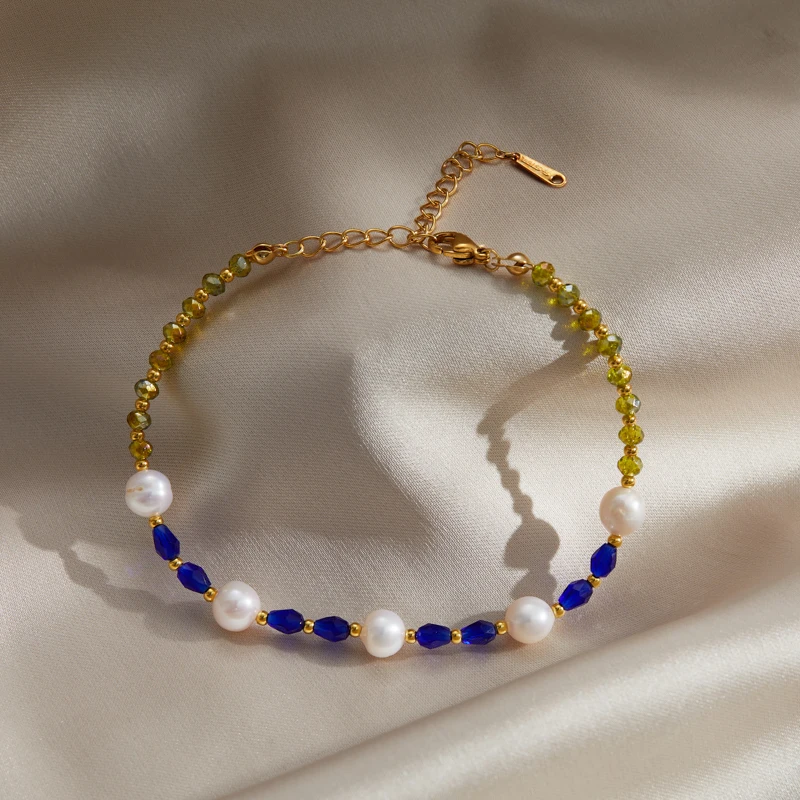 

Summer New Blue Crystal Natural Pearl Bracelet for Woman Korean Fashion Stainless Steel Bangles Party Jewelry Accessories Wholes