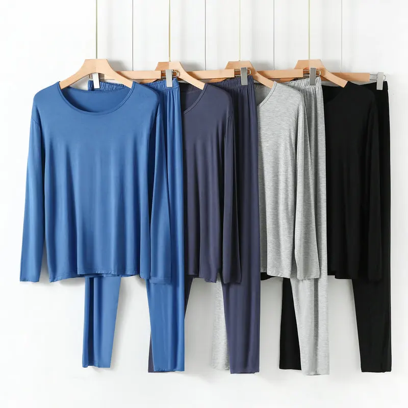 

Пижамный комплект мужской из модала, тонкая базовая одежда с круглым вырезом и длинные свободные штаны, домашняя одежда, одежда для сна, весна-осень