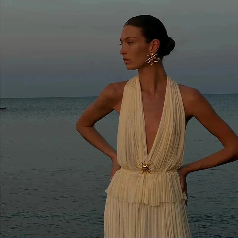 Женские сексуальные марлевые костюмы с лямкой на шее плиссированный укороченный