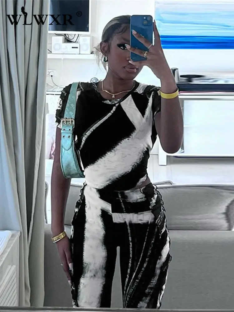 

WLWXR Fall Street Panelled Print Two 2 Piece Sets Womens Outifits Black O Neck Crop Tee Shirts Skinny Pants Matching Sets Female