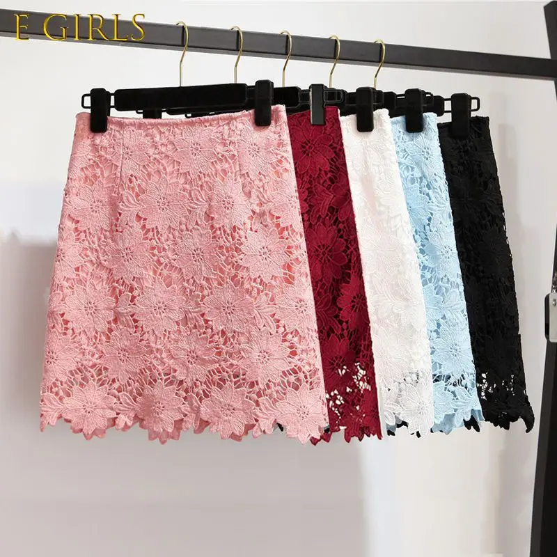

E GIRLS Lace skirt female summer new Korean version of the high waist slim slimming bag hips Lace Polyester Knee-Length