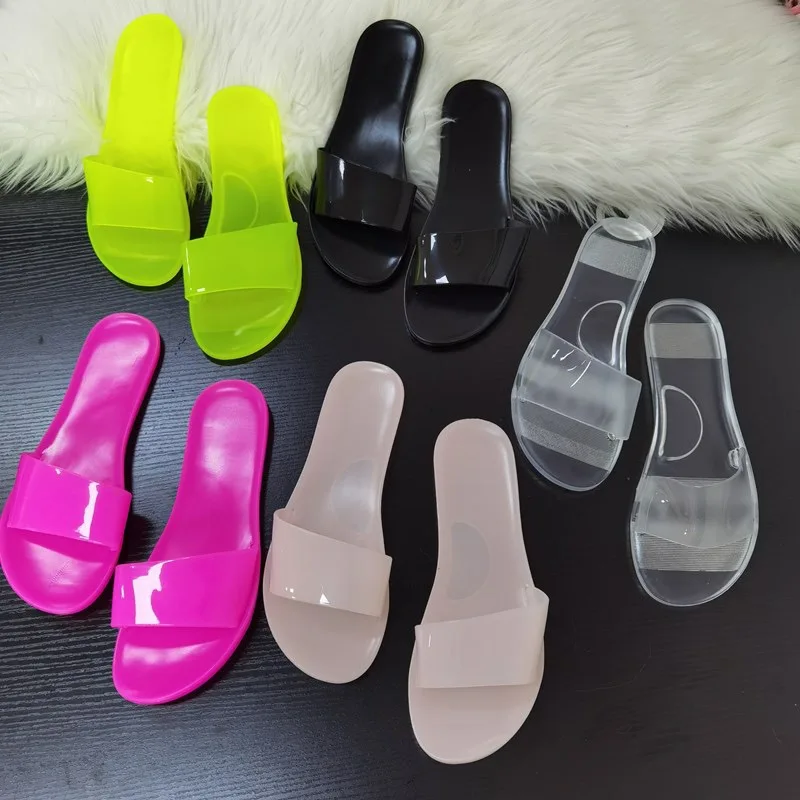 

2022 Summer Women Candy Color Transparent Slides Flat Bottom Plus Size Beach Sandals Shoes Ladies Casual One-word Jelly Slippers