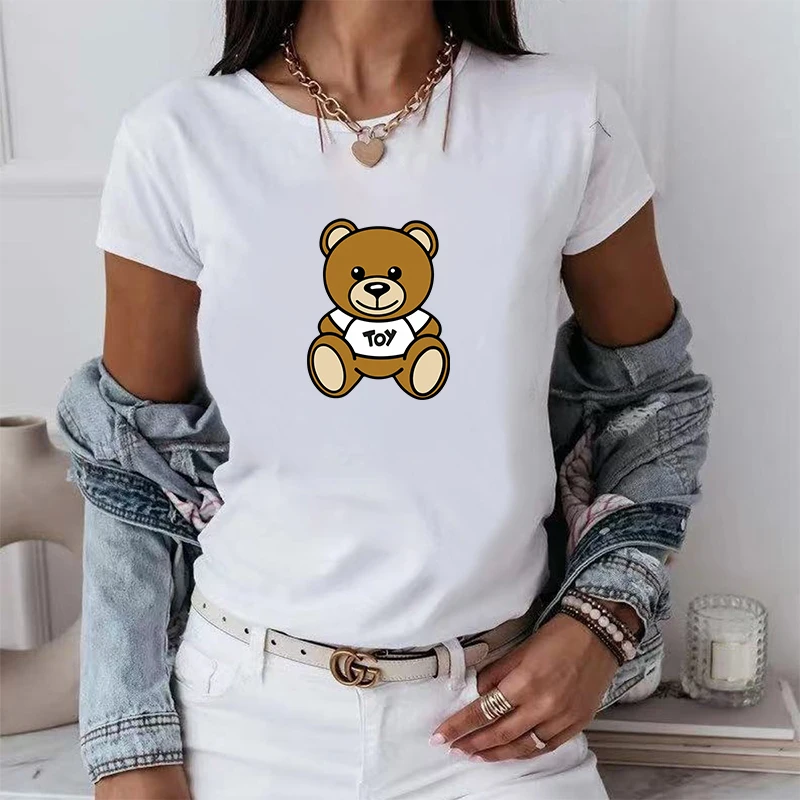 

2023 Women's Summer Luck Bear Letters Print Y2k T-shirt Ladies Short Sleeved Luxury Tees Clothing Loose Pure Cotton Soft Tops