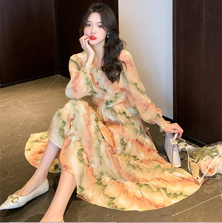 

JSXDHK French Elegant Spring Chiffon Boho Holiday Dress 2022 New Women V Neck Ruffles Flower Print Lantern Sleeve Long Vestidos