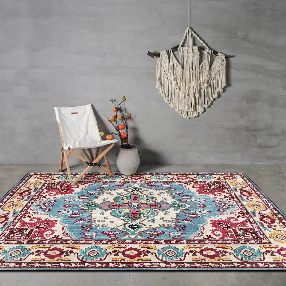

Retro Persian Living Room Area Rugs Light Luxury Golden Yellow Flower Printed Carpet Bedroom Bedside Kitchen Non-Slip Floor Mat