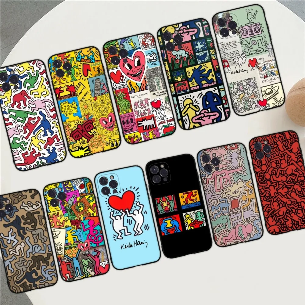 

K-Keiths-Haring-Works-Colorful-Print Phone Case For iPhone 14 13 12 Mini 11 Pro XS Max X XR SE 6 7 8 Plus Soft Silicone Cover