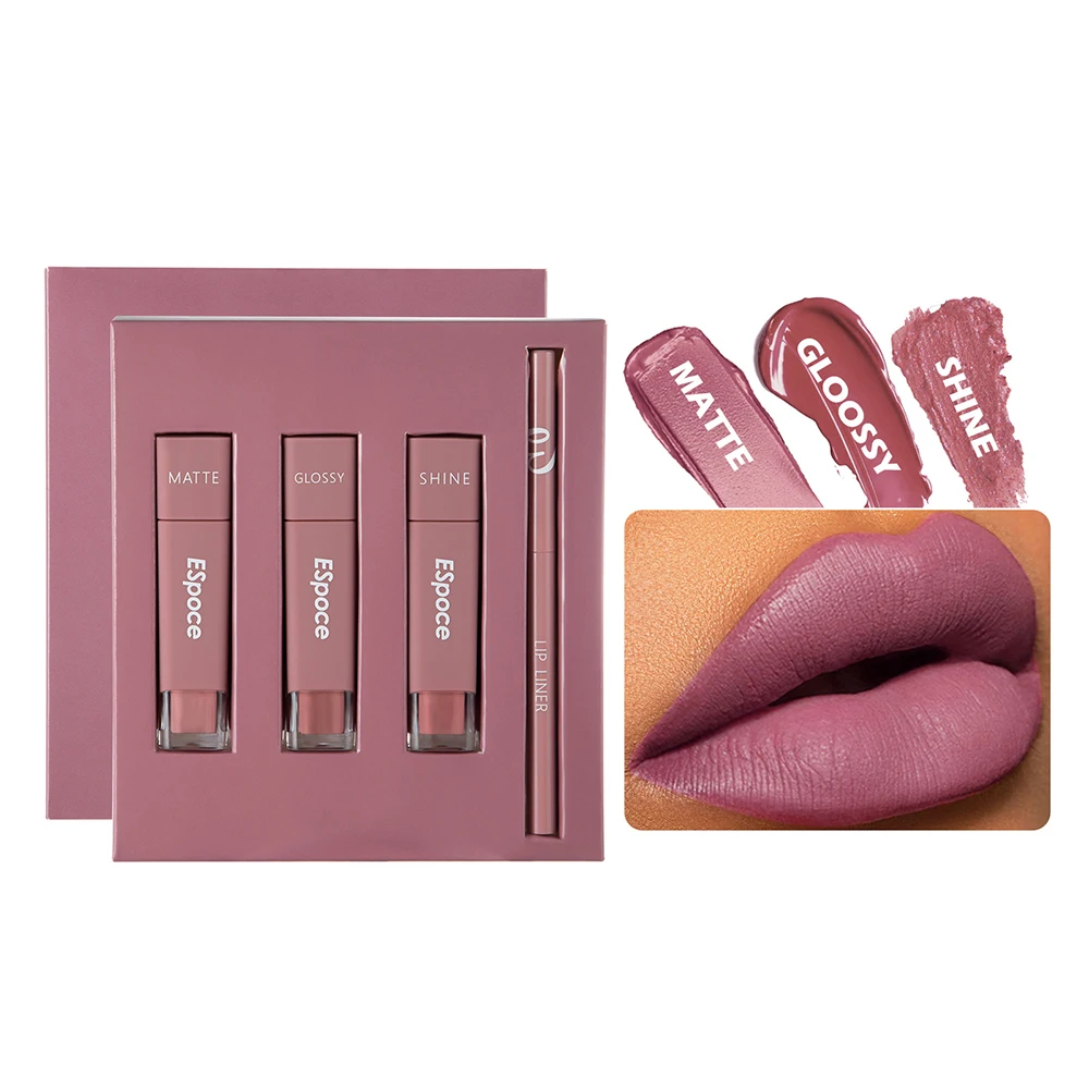 

Hot Sell 4Pcs Matte Lip Glaze+Lip Liner Set Waterproof Non-Stick Cup Waterproof Velvet Long Lasting Beauty Lip Gloss Kit Makeup