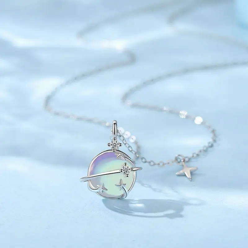 

Original S925 Sterling Silver Moonstone Planet Necklace Female Ins Niche Design Starry Sky Pendant Clavicle Chain Jewery