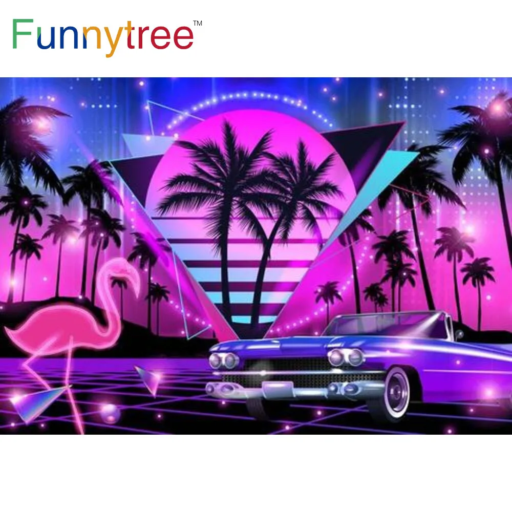 

Funnytree Miami Style Backdrop Retro Summer 80s Tropical Neon Flamingo Coconut Tree Birthday Party Banner Decor Photo Booth