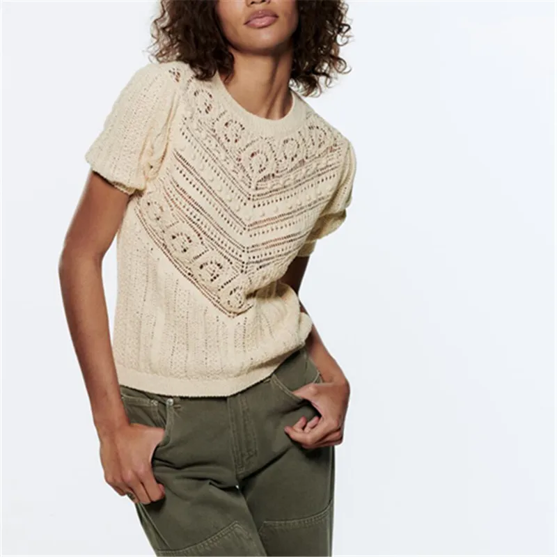 

2022 Spring New Women's Casual Versatile Loose Round Neck Short Sleeves Ball-Shaped Hollow Knit Sweater