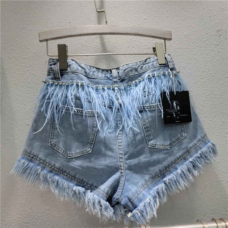 LXUNYI Summer New 2023 Ostrich Hair Design Shorts Women Denim Patchwork Tassel Fashion Wide Leg Heavy Diamond Jeans Pants
