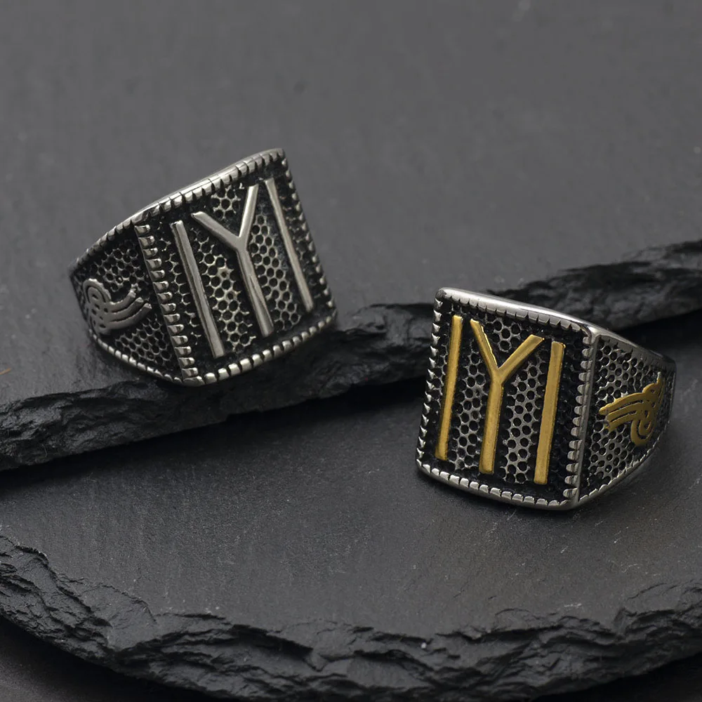 

Men's Kayi Obasi Flag Ottoman Empire Ring Cool Stainless Steel Fashion Square Gold Rings Jewelry For Men