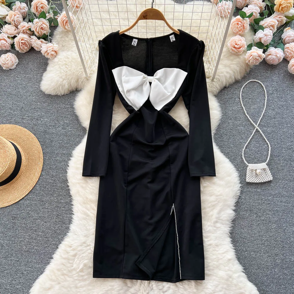 

Осеннее Новое однотонное контрастное платье на бретельках с бантом женская одежда