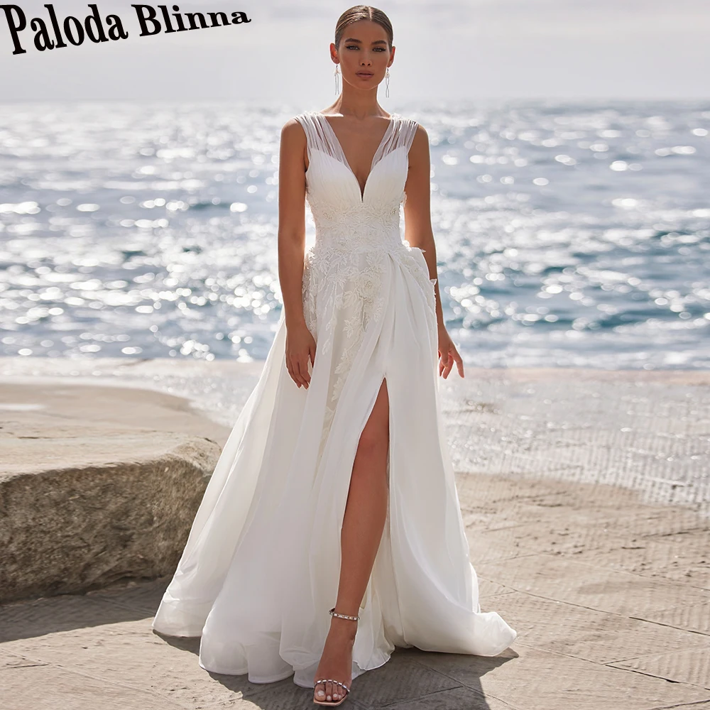 

Paloda Attractive Pleat Slit Wedding Gown For Bride Tank V-Neck Sleeveless Backless Tulle Zipper A-LINE Appliques Court Train