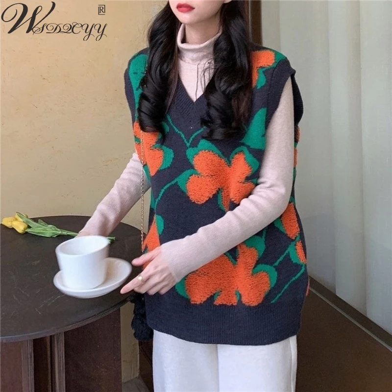 

Vintage Knitted Vest Women Print Sweater Pullover Sleeveless Preppy Style V-Neck Loose Knitwear Top Waistcoat Casual Jumper S-Xl