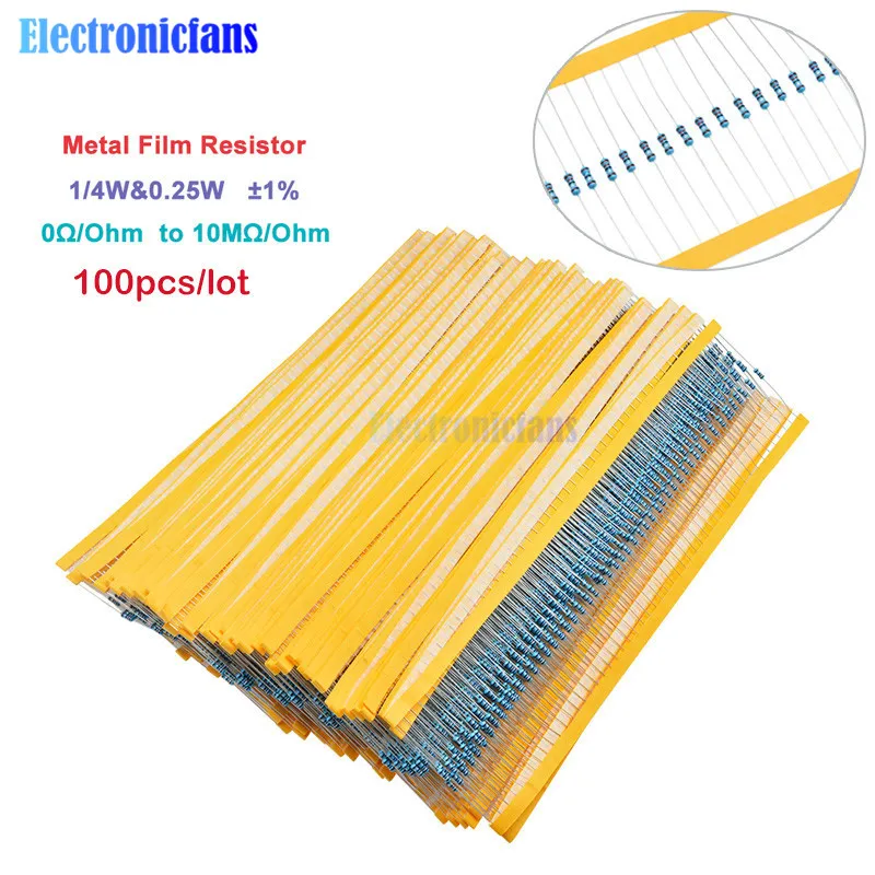 

100pcs 1/4W 0.25W 0~10M Ohm 1% Metal Film Resistor 100R 220R 1K 1.5K 2.2K 4.7K 10K 22K 47K 100K 100 220 220 ohm 1M Resistance