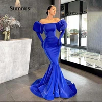 blue mermaid evening dress boat neck detachable puff sleeve sexy prom dresses sweep train party event gowns robe de soiree 2022