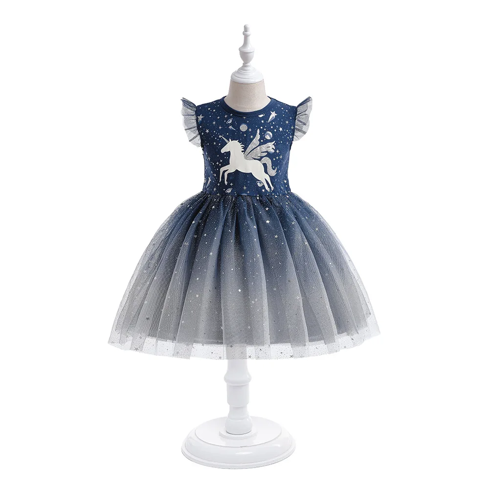 

Girls Star Gradient Gauze Flying Sleeve Kids Princess Dress Children 110cm-150cm Wedding Party Birthday Dance Ball Gown Clothes