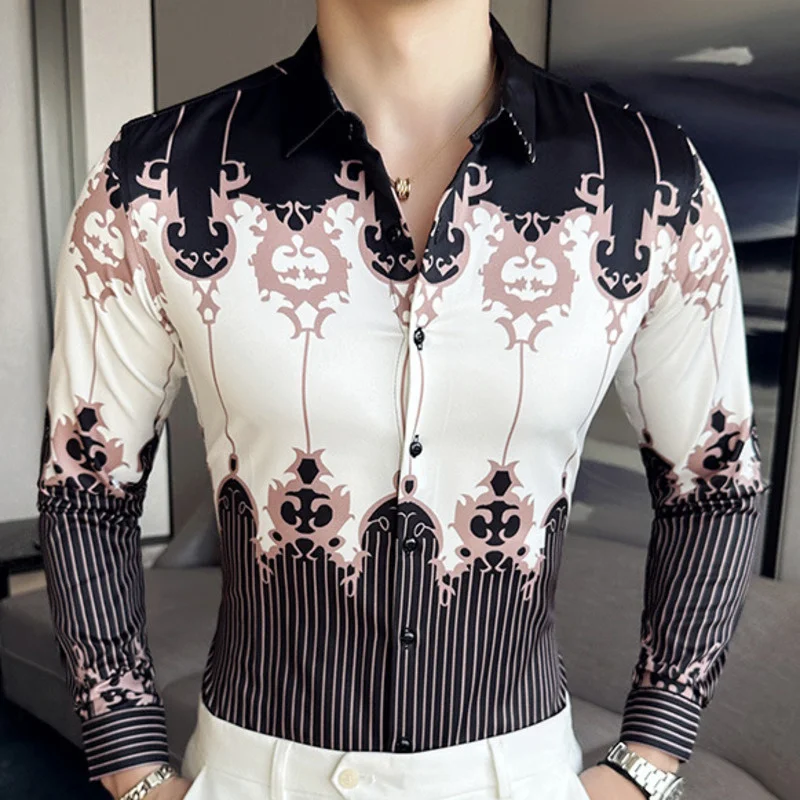 

2023 Spring British Style High Quality Streetwear Mens Black Baroque Flower Shirt Men Slim Dress Social Camisa Masculina