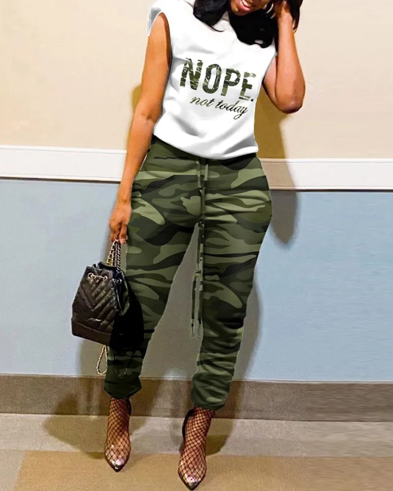 

Lettered Print Women's Tracksuits Summer 2022 New Shoulder Pad Hooded Top and Camouflage Drawstring Pants Set Women 2 Piece
