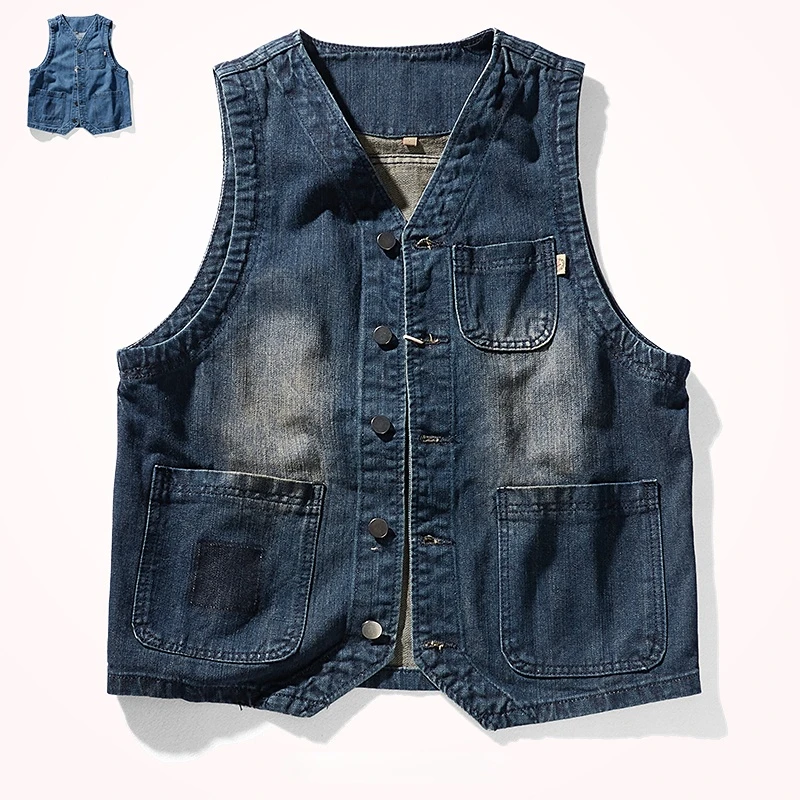 

Japanese denim vest retro worn wash casual may khaki denim vest man sleeveless jacket tide