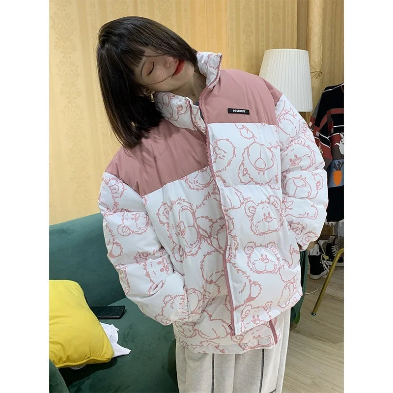 Women Warm Thicken Outerwear Loose Parkas Coats Fashion Cartoon Printed Cotton Windbreaker Jacket Zip Coat Jackets 2021 Winter
