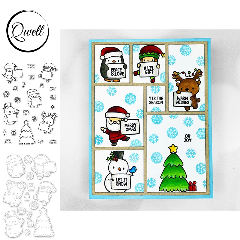 

QWELL Mini Santa Claus Snowman Cutting Dies and Clear Stamps Phrase Letter LET IT SNOW PEACE LOVE for DIY Scrapbooking 2022
