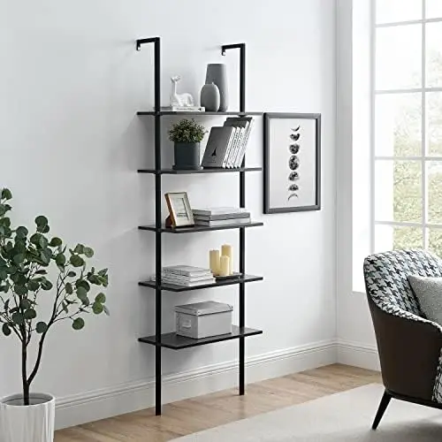 Wood Metal Modern Bookshelf, Open  Ladder Bookcase Plant Shelf Vintage Kitchen Shelves Storage, Farmhouse Heavy Duty Display She